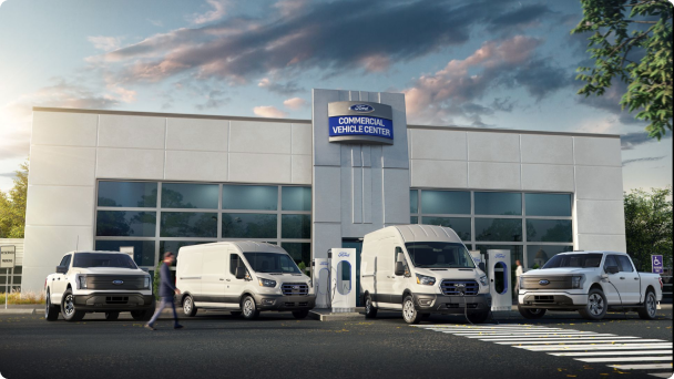 Commercial vehicles parked outside Ford Commercial Vehicle Center